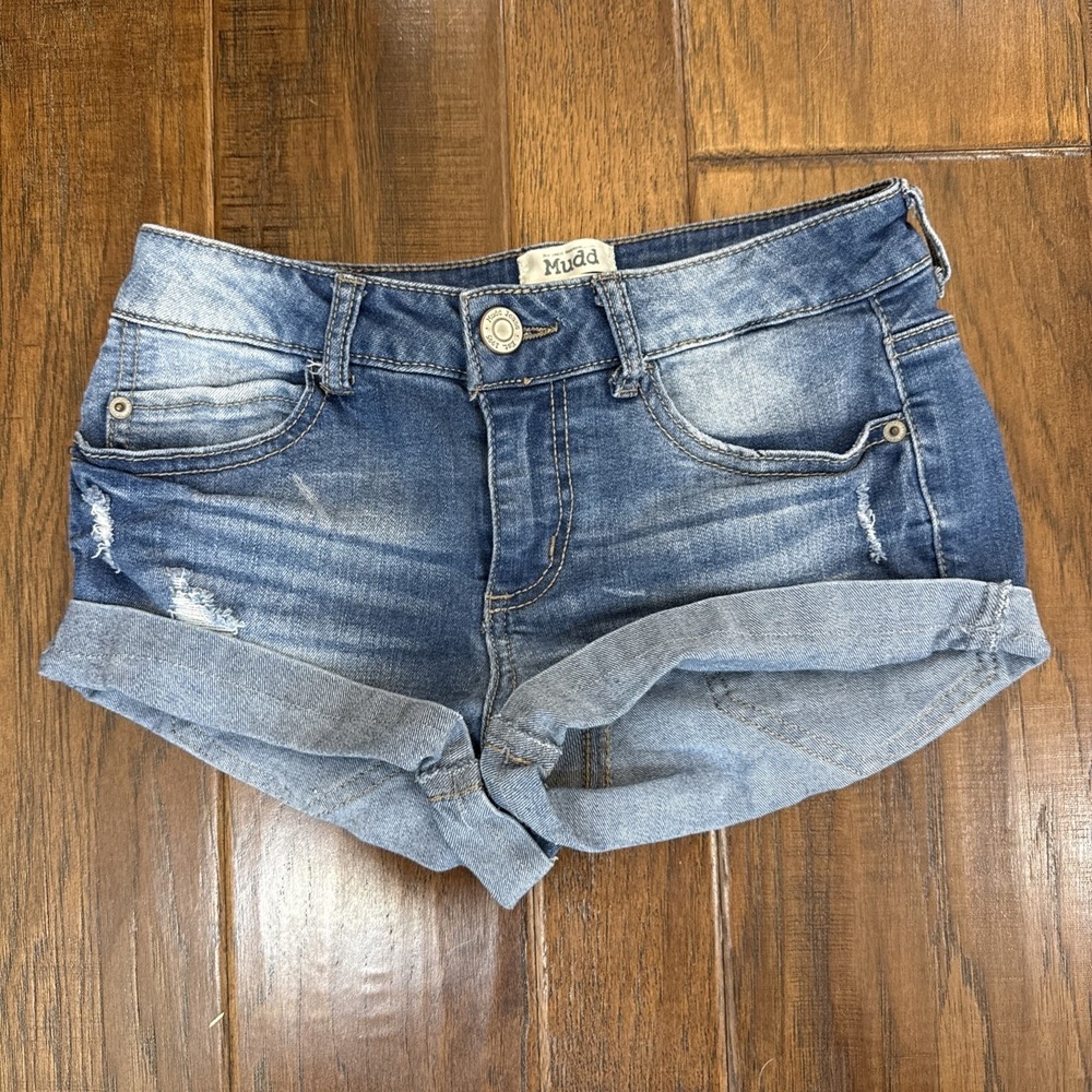Y2K Mudd Micro Mini Low Rise Jean Shorts Women's 5 Cuffed Distressed Stretch Cut
